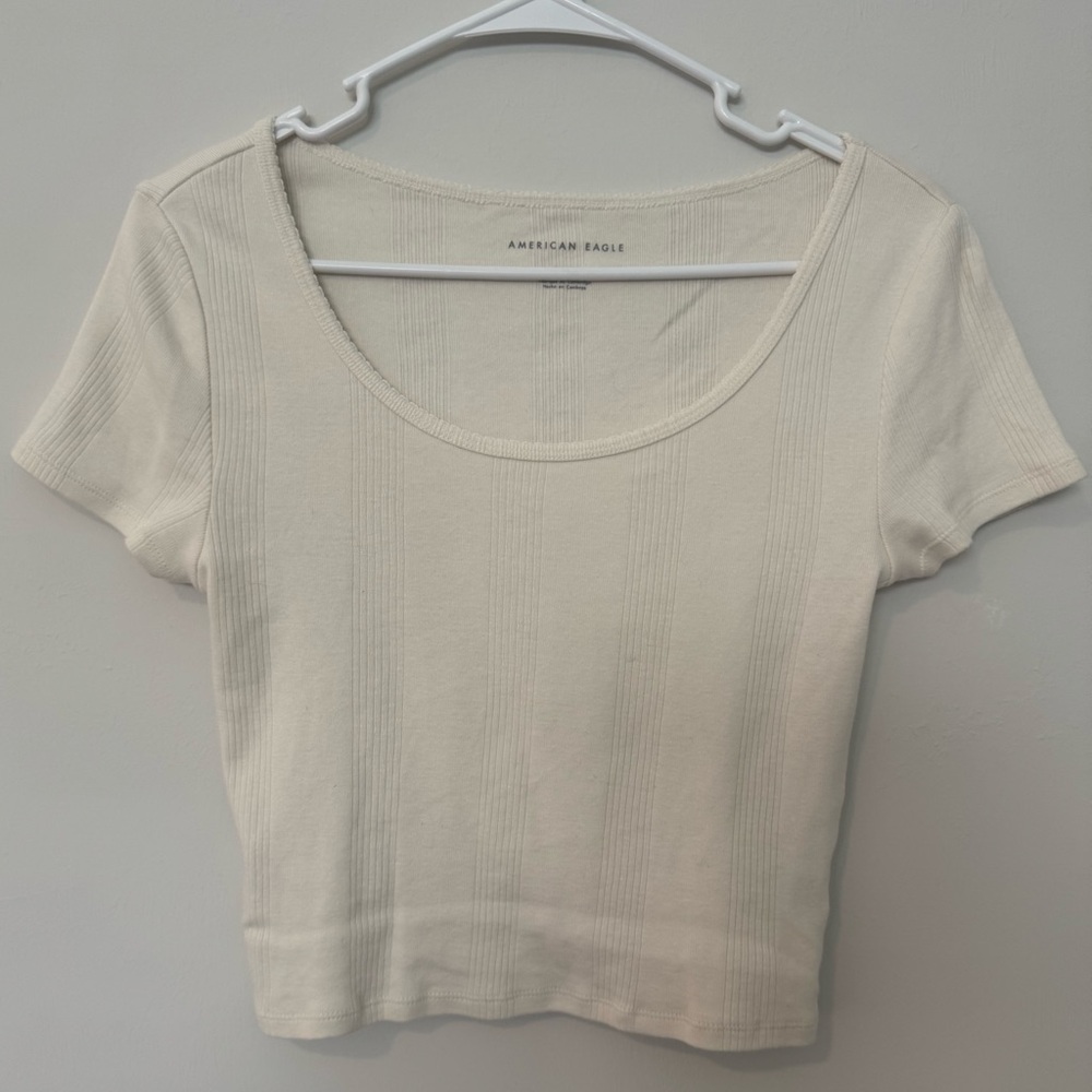 American Eagle Outfitters Short Sleeve Cream Cropped Top